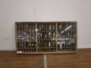 lot 197 image: Collection of Vintage Fishing Lures in Wooden Display Case