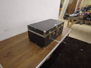 lot 198 image: Vintage Black Storage Trunk with Brass Hardware