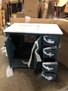 lot 32 image: Home Decorators Collection Merryfield 37 in. Single Sink Freestanding Antigua Green Bath Vanity with White Carrara Marble Top (Assembled) Broken Top Customer Returns See Pictures