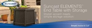 lot 31 image: Suncast 13 Gallon Resin Outdoor Patio End Table Storage Box, Java Customer Returns See Pictures