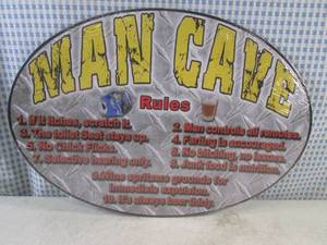 lot 24 image: (FS) Man Cave Rules Metal Sign 16 3...