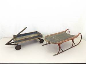 SUPER RARE Antique Paris Junior Wood Wagon and Childs Sleigh