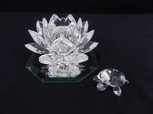 2 Vintage Swarovski Water LillyLotus Flower and Turtle Crystal Figurines
