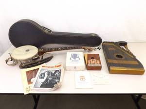 Vintage Banjo in Case, Wood Harp, and Thumb Pluck