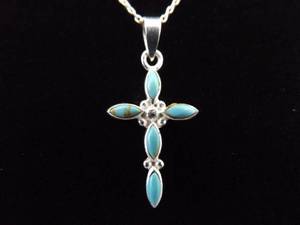 .925 Sterling Silver Turquoise Cross Pendant Necklace