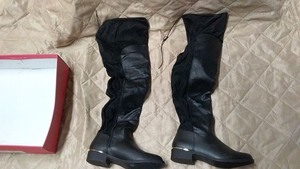 lot 153 image: Pair of Womens Black Faux Suede Over-the-Knee Boots with Block Heels