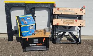 lot 72 image: Black & Decker Workmate 200, Workmate ShopBox, Cooper Lighting Halogen Painters Light, Vise and two plastic Saw Horses