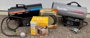 lot 106 image: Heater Bundle - Remington 50 Propane Heater, Dyna-Glo Propane Heater and 1500 watt Personal Heater & Fan plus 12 propane hose assembly