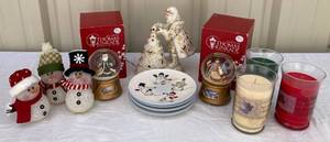 lot 60 image: Christmas Collection - Thomas Kinkade Musical Water Globes, LED Snowman, Snowman Dessert Plates, Christmas Candle Set and Lenox Florentine & Pearl Jeweled Santa