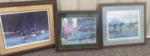 lot 138 image: 3 Framed NatureOutdoor Prints - Dan Patterson Loons, Thomas Gross Fawn and Quiet Shadows by Dan Patterson Canada Geese
