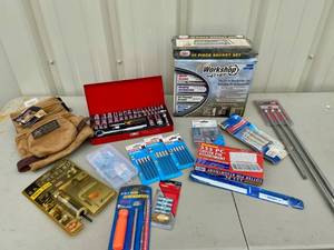 lot 110 image: ASST Tool Bundle - Ratchet Wrench, Tool Bag, Extension Set, 6 In 1 Screwdriver, Coupler & Plug Set, Nail Set, Cotter Pin Set, Jigsaw Blades, Swagging Punch, Workshop Series Kit, 40 Pc Socket Set and Thorsen Socket Set
