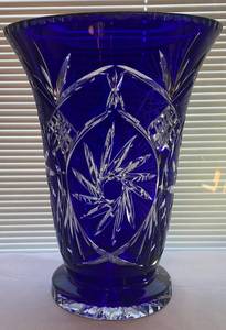 lot 10 image: Cobalt Blue Cut to Clear Crystal Large Vase - Poland 24% Lead Crystal 12 x 9