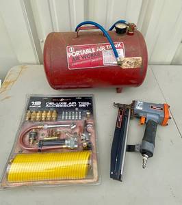 lot 105 image: Midwest Portable Air Tank, Air Tool Accessory Set and Paslode Finish Nailer