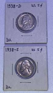 lot 161 image: 1938-D and S Nickels, 1944 Nickel, 1936 Buffalo Nickel and 2001 14K Gold $10 Liberia Coin- Attack on Pearl Harbor .5G