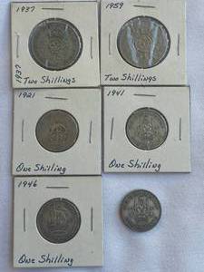 lot 135 image: One & Two Shillings Coins from Great Britain - 1921, 1941(2), 1946 One Shilling plus 1937,1959 Two Shillings