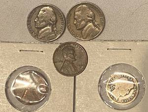lot 157 image: 1911 Barber Silver Dime, Two Wheat Pennies and 1946 & 1947 Nickels