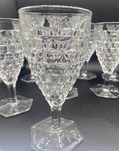 lot 4 image: Vintage Fostoria American Clear Glass Water Goblets 6.75 H Hexagon Base Uranium Glass -Set of 11
