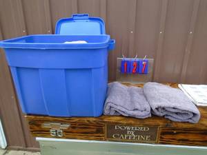 Tub of bath towels. As shown.