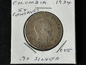 1934 Colombia 50 Centavos Silver