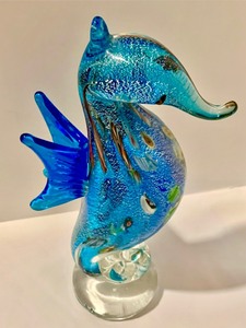 lot 200 image: Blue Art Glass Seahorse Paperweight