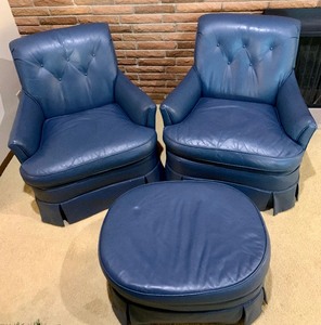 lot 153A image: Pair of Vintage Leather Look Blue Arm Chairs and Ottoman