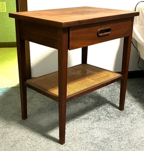 lot 348 image: Vintage Mid Century Accent Table with Drawer and Lower Caned Shelf