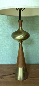 lot 375 image: 1960s Walnut & Brass Lamp by Tony Paul  Mid Century Walnut and Brass Lamp by Tony Paul
