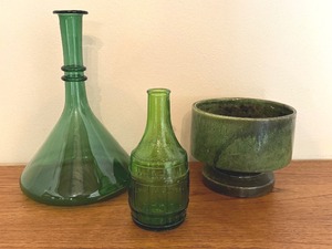 lot 445 image: Vintage Green Glass Dr. Chandlers Jamaica Ginger Root Bitters Bottle, Green Glass Carafe and Vintage Green Planter