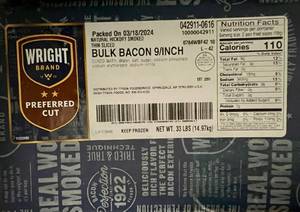 D. 33lbs Bulk Bacon 9Inch Hickory Smoked Thin Sliced