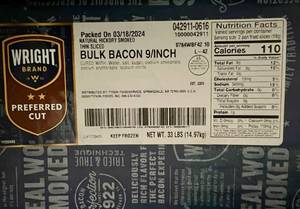 D. 33lbs Bulk Bacon 9Inch Hickory Smoked Thin Sliced