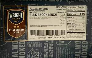 D. 33lbs Bulk Bacon 9Inch Hickory Smoked Thin Sliced