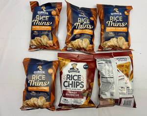 MM. 4x2.5oz Quaker Rice Thins-Salted Carmel & 2x Tangy BBQ