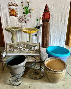 Outdoor Lawn Dcor -2 Birdbaths, 1 Gazing Ball, 1 Safari Kids Bench ,1 Chainsaw Cardinal Art, 3 Solar Lights, Tricycle plant Holder and more