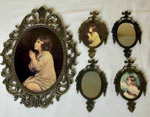 Vintage Convex Glass  Picture of The Infant Samuel in Ornate Metal Frame & 4 Small Matching Frames