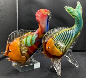 Murano Style Art Glass Fish Sculptures Set of 2