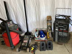 Car Care Lot #2 - Craftsman WetDry Vac 8 gal, Craftsman 3 ton Floor Jack, Stanley 1.5 amp Charger, Pair of Wheel Chocks, Auto Right Orbital Buffer and Bonnets, BlackJack 1.5 ton Scissor Jack and Sears Engine Starter & Battery Charger