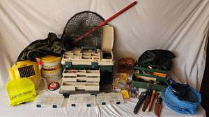 Massive Fishing Lot - Tackle Boxes, Lures, Net, Filet Knives, Bait Pail, Guide Series Vortex Rain Suit 2XL and more