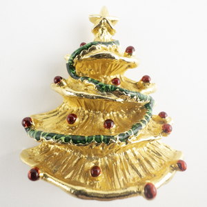 lot 85 image: Gorgeous Enamel Christmas Tree Gold Plated Base Metal Brooch .