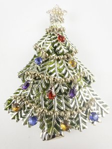 lot 93 image: AVON 2008 5Th Annual X-Mas Tree With Handing Rhinestone Ornaments Silver Tone Base Metal Brooch .