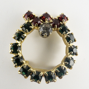 lot 112 image: Mini Red, Green, & White Rhinestone Wreath Gold Plated Base Metal Brooch .