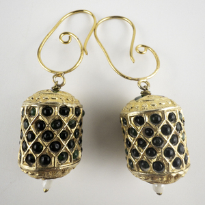 lot 34 image: Meenakari Red & Green Barrel Ornamental gold Tone Base Metal French Wire Earrings .