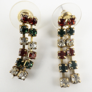 lot 35 image: Red, Green & White Rhinestone gold Plated Base Metal Dangle Earrings .