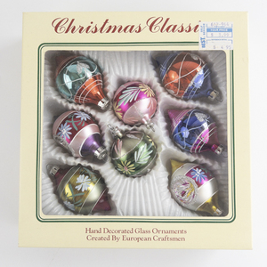lot 157 image: Vintage Christmas Classics Set of 8 Hand Decorated Glass Ornaments by European Craftsman in Original Packaging