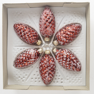 lot 158 image: WEST GERMANY - Vintage Set of 6 Red Flocked Christmas Pine Cone Ornaments in Original Packaging