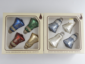 lot 159 image: Vintage Christmas by Krebs Two Sets of Four Bell Shaped Glass Ornaments Hand Painted with Embroidery Crowns in Original Packaging