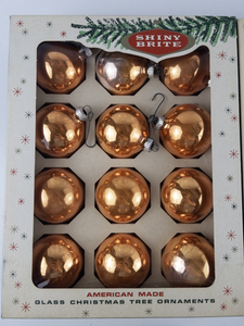 lot 15 image: Vintage SHINY BRITE Three Dozen Rose Gold Colored Glass Christmas Tree Ornaments with Original Boxes