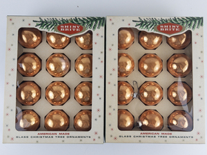 lot 165 image: Vintage SHINY BRITE Two Dozen Rose Gold Colored Glass Christmas Tree Ornaments with Original Boxes