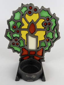 lot 187 image: Vintage Cast Iron Stained Glass Holly Candle Holder with Original Packaging