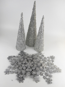 lot 202 image: Group of Three Shiny Silver Trees & Hanging Snowflakes