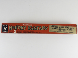 lot 204 image: Vintage Set of 3 Transparent Holiday Fantasy Stained Glass Windows Jolly Santa, Gift Laden Tree, & Santas Journey